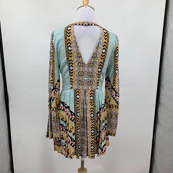 Free People Dress Womens 4 Multi Pleated Tegan Border Keyhole Bohemian Mini - Picture 7 of 16